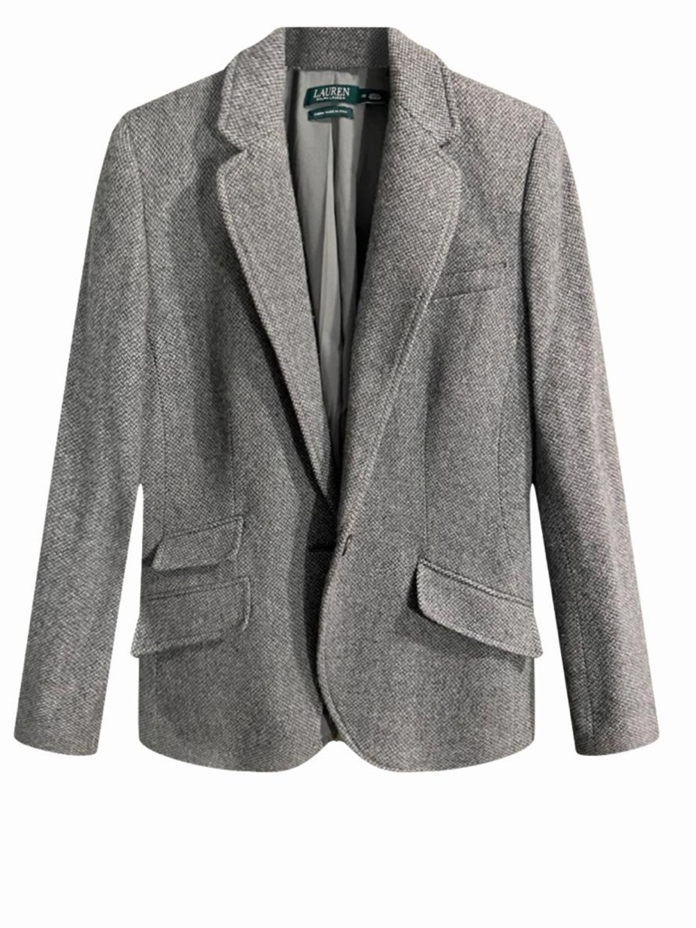 Lauren Ralph Lauren Wool Blend Herringbone Tweed Blazer Jacket in Gray, Size 16